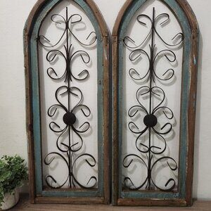 (2 Pcs) 33" H, Farmhouse Arch Wood Distress Wall Decor Messinato Turquoise